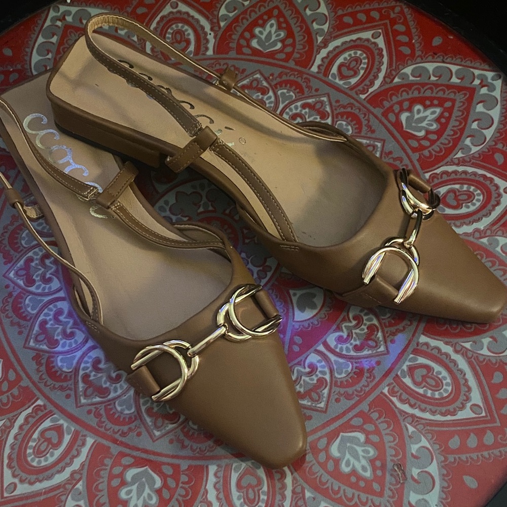 CCOCCI Brown Slingback Flats with Gold Accents